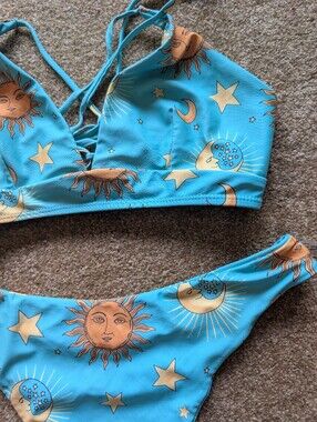 Light Green Color Sun & Moon Print Lace-Up Bikini Set Actual Color On Last Pic!!
